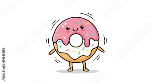Cartoon Donut with Pink Icing Smiling.