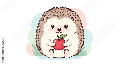 Cute hedgehog holding red apple.