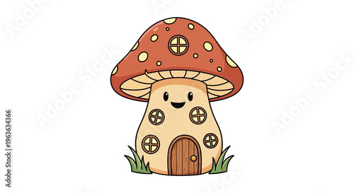 Cartoon mushroom house with face.