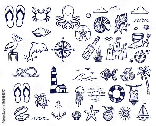 Hand drawn summer beach vector element set, tropical vacation icons with surfboards, palm trees, lighthouse and ocean waves, doodle illustration isolated on white.