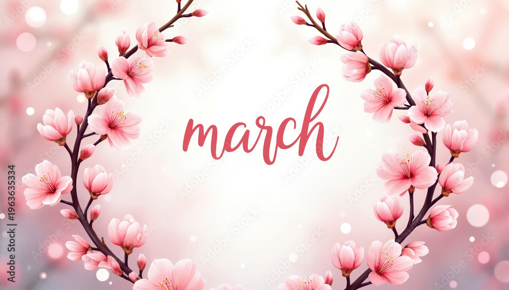 Fototapeta premium Soft pink cherry blossoms frame the word march in elegant script. Celebrate spring arrivals with delicate floral branches and warm bokeh lights. Gentle beauty for greetings.