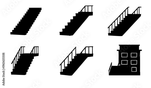 Architectural staircase cartoon stairs interior vector illustration set