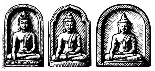 Set of three meditating Buddha statues in ornamental arch niches