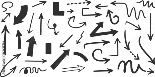 Collection of black hand-drawn arrows facing various