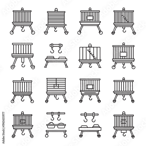 Various Bird Cages and Accessories Line Art Icons Isolated on White Background Minimalist Design