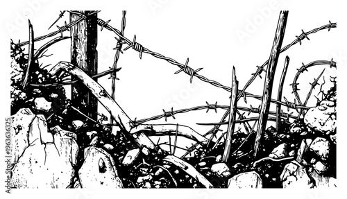 Grungy barbed wire fence with broken wooden posts illustration