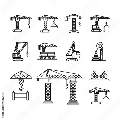 Various Construction Cranes Collection Industrial Equipment Icons Minimalist Line Art Style