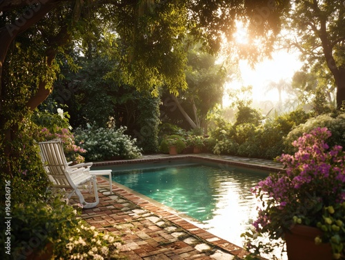 Sunshine Shines on a Garden With a Pool and Lounge Chairs in the Evening