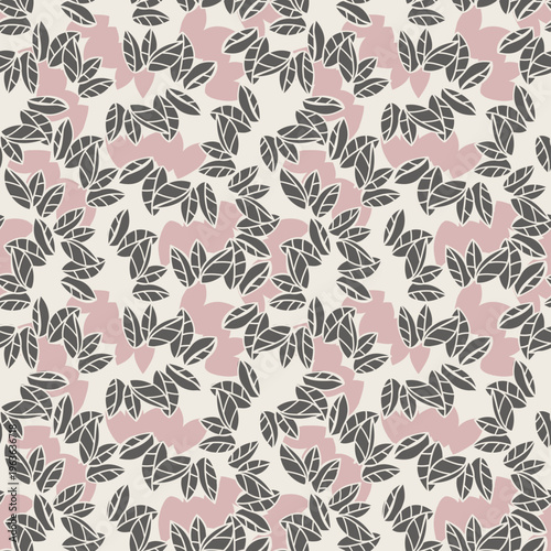 Feuillage all-over petites feuilles noires et rose pour design textile
