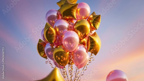A festive bunch of pink and gold balloons floating against a soft sunset sky