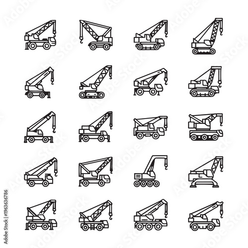 Various Construction Cranes Icons Set Heavy Machinery and Lifting Equipment Outline Style