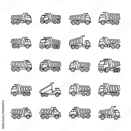 Various Dump Truck Designs Side Views Construction Vehicles Simple Outline Art Isolated on White