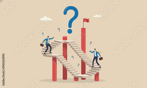 Business, pillars, and impossible concept, ambitious businessman walk up stair while in paradox he walking down