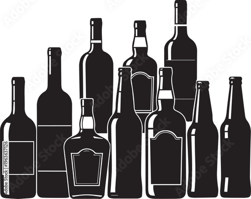 Set of Alcohol Bottle Silhouettes, Minimalist Black Drink Icons for Wine, Beer, Vodka, and Spirits, Vector Illustration Isolated on Transparent Background