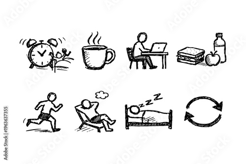 Daily routine icons: waking up, coffee, work, food, exercise, relaxation, sleep, repeat