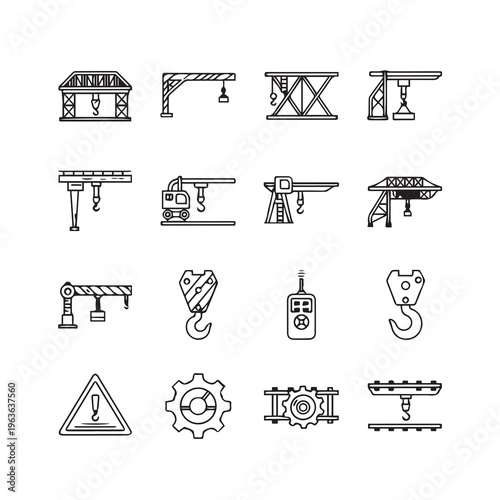 Various Industrial Cranes and Components Line Art Icons Construction Industry Equipment
