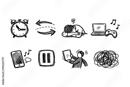 Doodle icons representing stress, time management, and digital overload