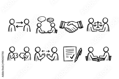 Doodle icons representing business interactions, communication, and agreements