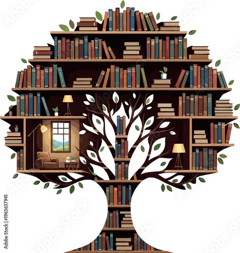 A whimsical tree-shaped bookshelf filled with numerous books, symbolizing growth, wisdom, and the journey of knowledge, perfect for inspiring reading and learning.