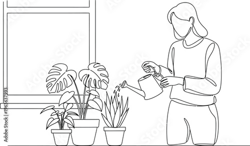 Woman diligently caring for her beautiful collection of indoor potted plants, gently watering them with a small can to maintain their vitality.