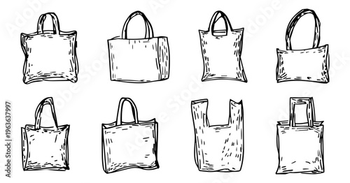 Eco-friendly reusable shopping bag icon set, hand drawn sketchy vector line art of tote bags in minimalist style