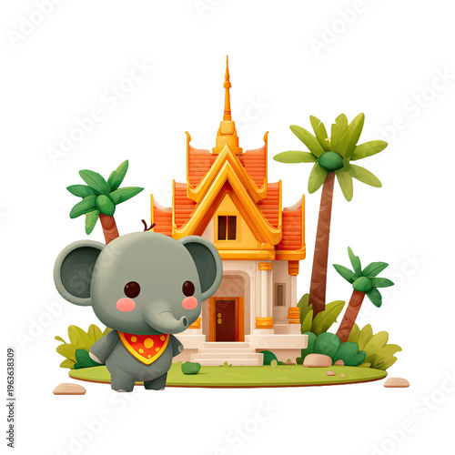 3D minimalist vector illustration Thai temple isolated on a cutout PNG transparent background