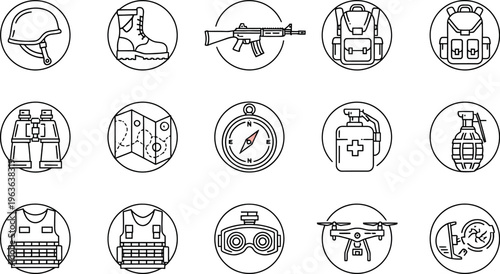 Set of fifteen circular line icons illustrating military gear survival tools navigation aids and tactical equipment