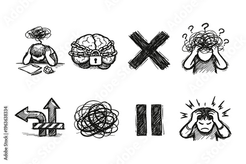 Collection of hand-drawn icons representing mental struggle, confusion, and stress