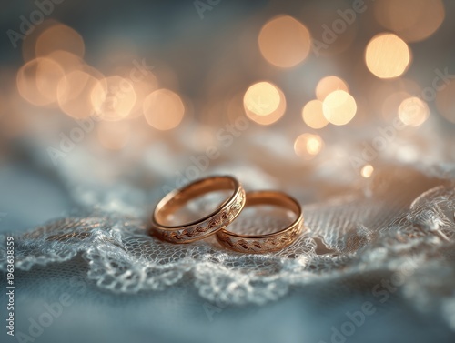 Wedding Rings Placed on Lace Fabric With Blurred Lights in the Background Dur...