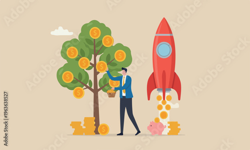 Harvest market investing concept, businessman harvesting dollar coin from growing money tree