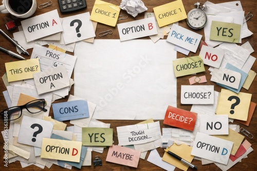 Overhead view of a messy workspace with notes for complex decision making and business choices