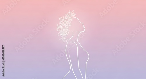 International women's day concept with a woman outline in pink and purple background