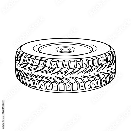 Black and White Studded Winter Snow Tire with Aggressive Tread Vector Icon.eps