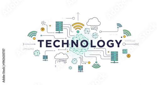 Technology icons, circuit board symbols, digital network elements, vector graphics