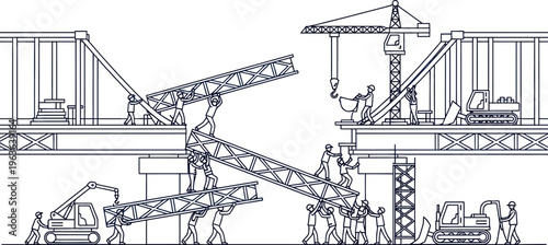 Illustration depicting numerous construction workers collaboratively building a complex bridge structure using heavy machinery and teamwork principles