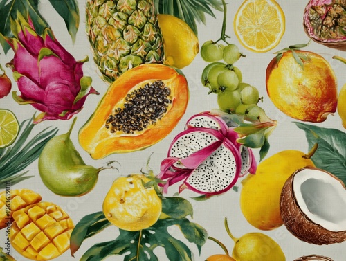 Colorful Tropical Fruits Arranged on a Textured Background in a Close-Up View...