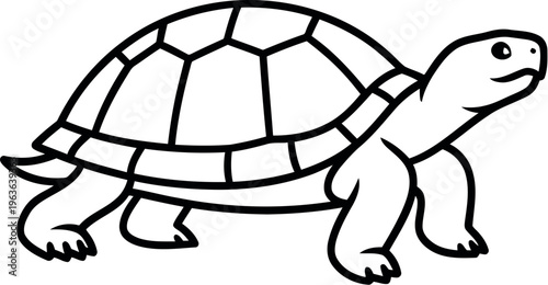 Simple black and white line art illustration featuring a cute cartoon tortoise character walking slowly against a clean white background.