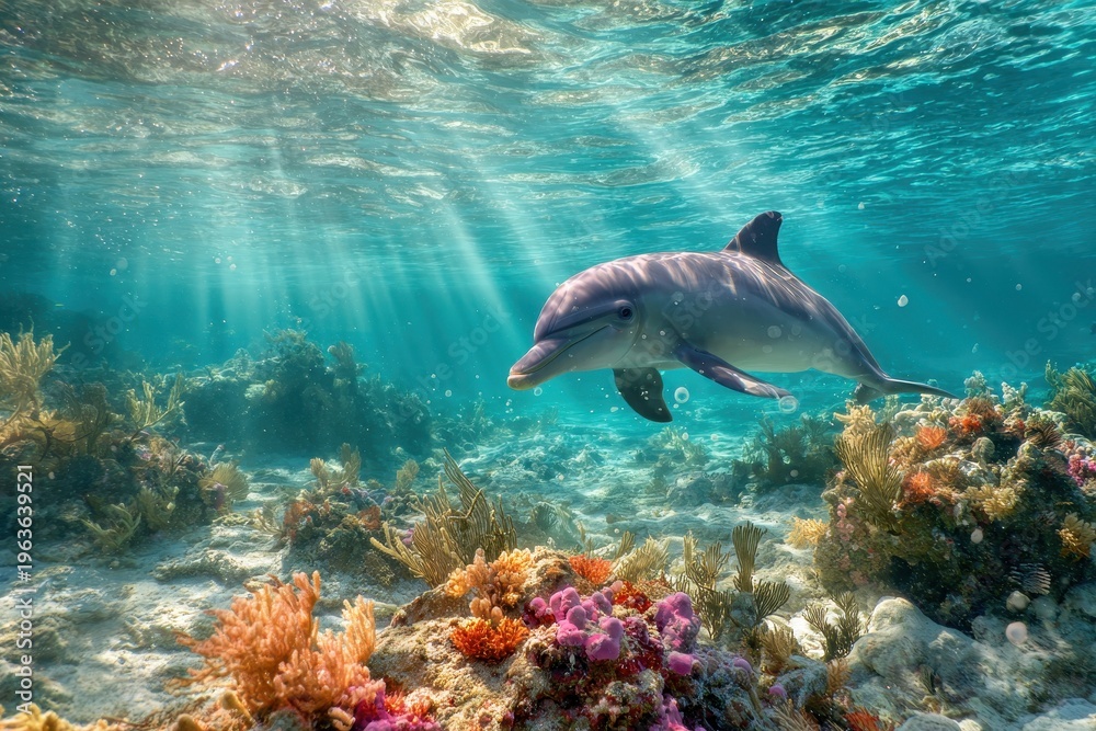 Obraz premium Curious Dolphin Gliding Toward the Camera Among Vibrant Coral
