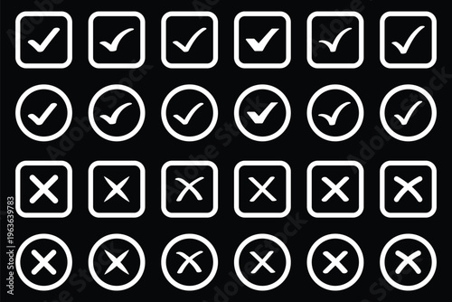 Vector check mark icon. Set of verification icons, digital confirmation and error symbols, green tick and red cross collection, minimalist vector illustration of tick and X marks. account approved. 