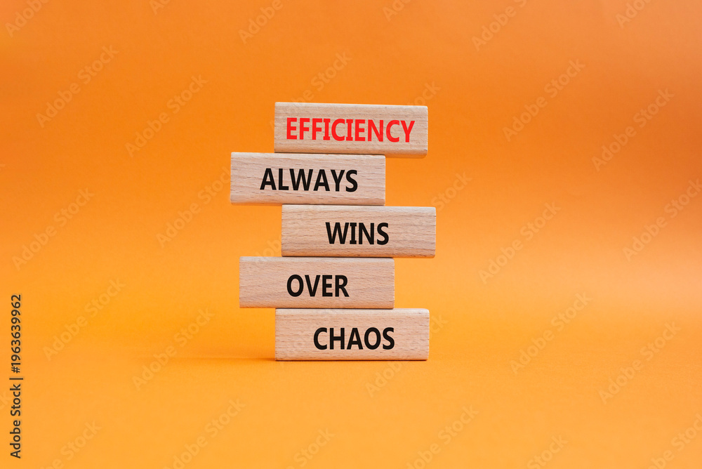 Obraz premium Efficiency symbol. Wooden blocks with words Efficiency Always Wins Over Chaos. Beautiful orange background. Businessman hand. Business and Efficiency concept. Copy space
