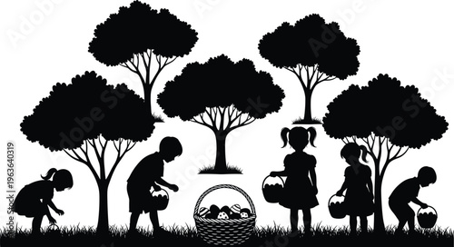 Black silhouette of children hunting for Easter eggs in a spring park with trees and a large wicker basket of eggs. (20 words)