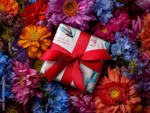 Gift Box Placed Among Colorful Flowers on a Bright Day in a Garden Setting