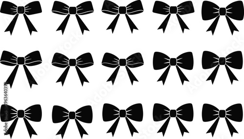 Set of black bow tie silhouettes, elegant ribbon knots icons, decorative fashion accessories for gift wrap, greeting cards, and clothing design. (20 words)