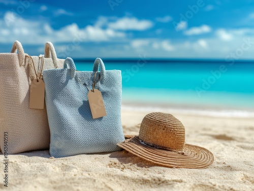 Beach Bags and a Straw Hat on Sandy Shore With Blue Ocean in the Background