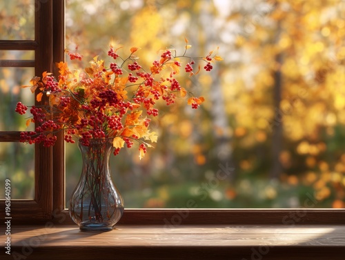 Vase With Colorful Flowers Sits on a Wooden Window Sill in an Autumn Setting