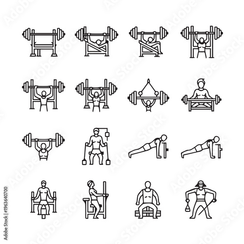 Weightlifting Exercises Icon Set: Strength Training Movements for Fitness and Bodybuilding