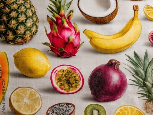 Colorful Display of Fruits on White Cloth at Kitchen Table During Daylight