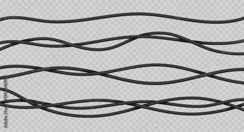Realistic electric wires. 3d power cables. Flexible thick network cord. Black electric computer connection wires. Vector isolated set