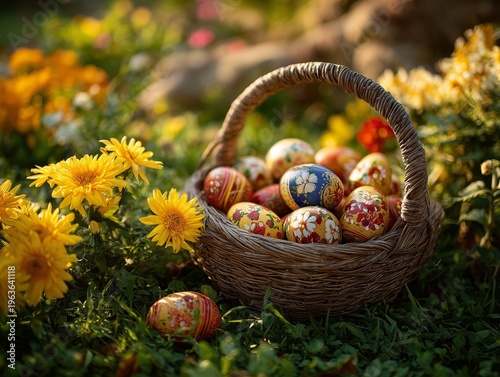 Colorful Easter Eggs in a Basket Placed Among Flowers in a Garden During Spri...
