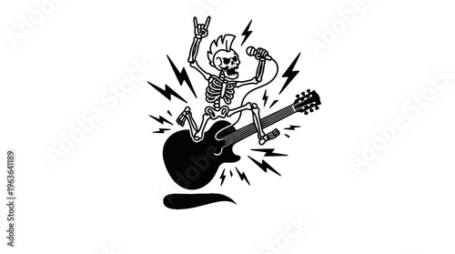 Minimalist Electric Guitar with Jumping Skeleton Line Art, Monochrome Vector Illustration of Rock and Metal Energy